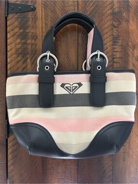 Y2K Roxy Striped Canvas Tote in Pink, Cream & Gray with Black Trim